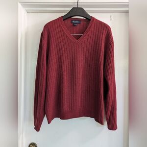BROOKS BROTHERS MENS V-Neck  Lambs WOOL BURGUNDY SWEATER SIZE LARGE